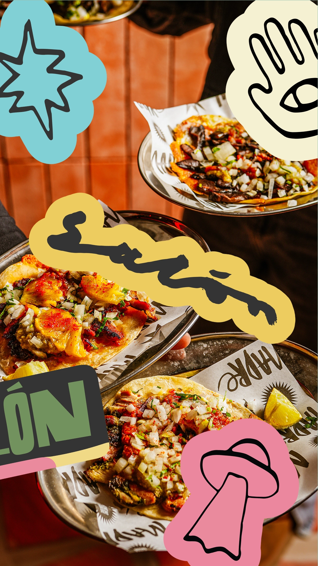 Sticker designs for Salon Madre brand identity, a photo of food with graphic colourful ink drawn stickers above.