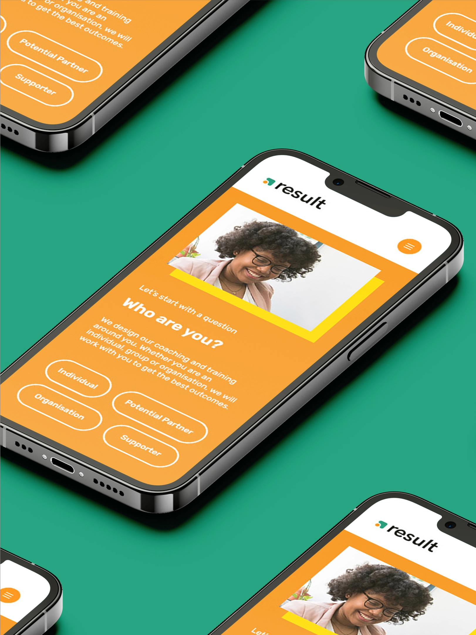 A mockup of the mobile website design for Result CIC. Designed by Sasnna