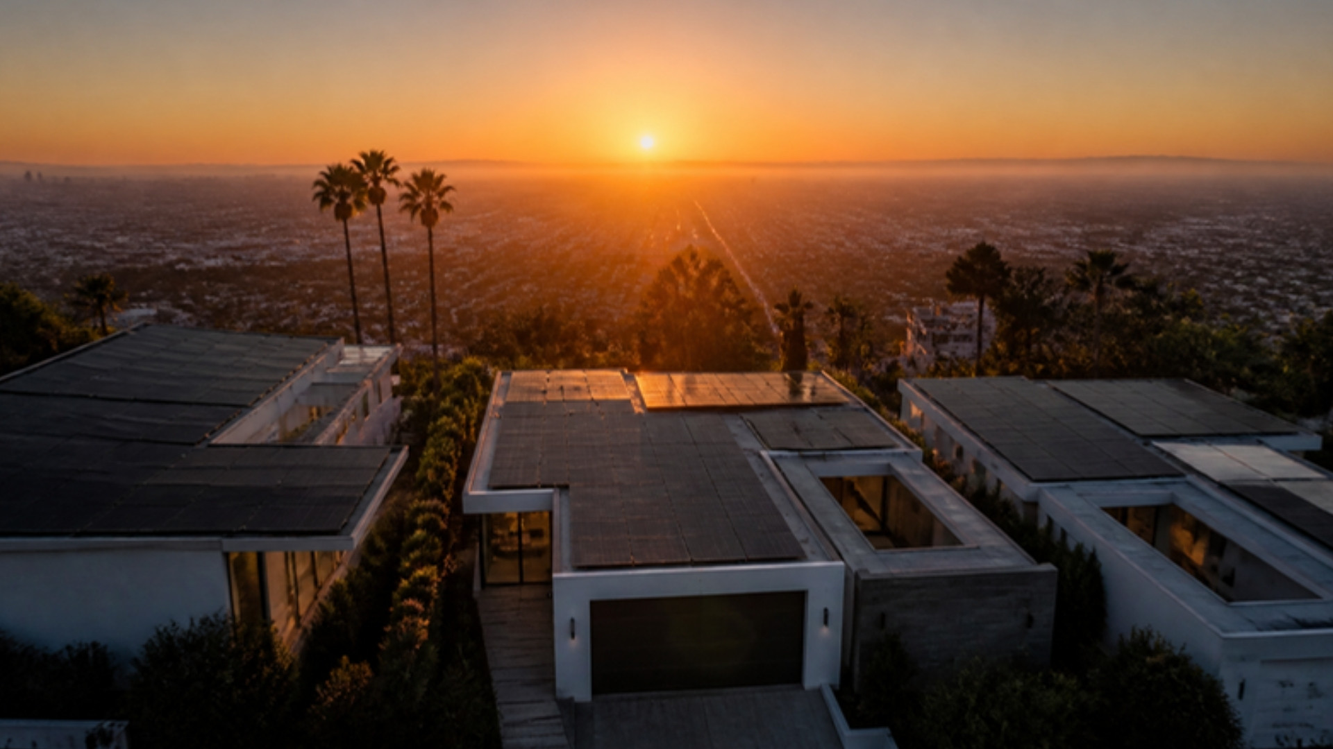 Modern Los Angeles homes with solar at golden hour