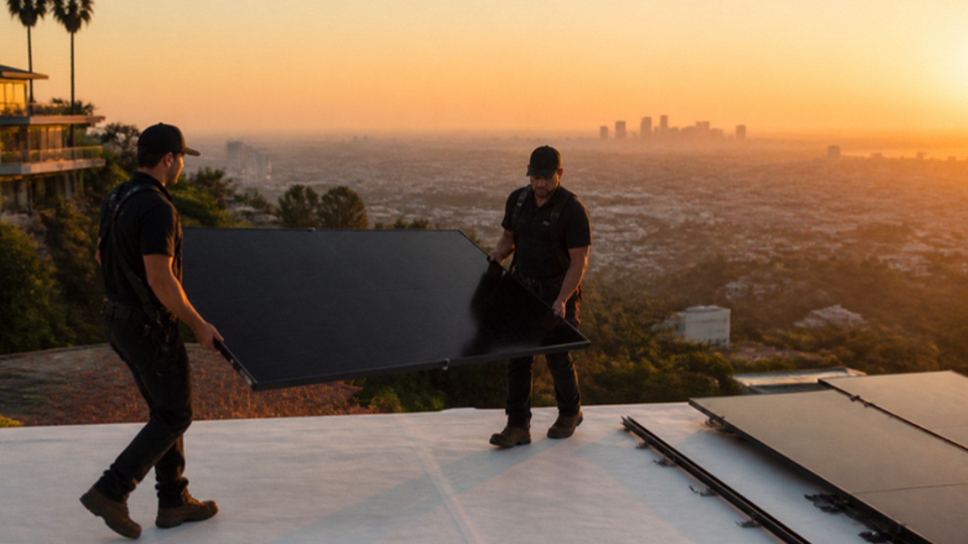 Installers carrying a solar panel at sunset