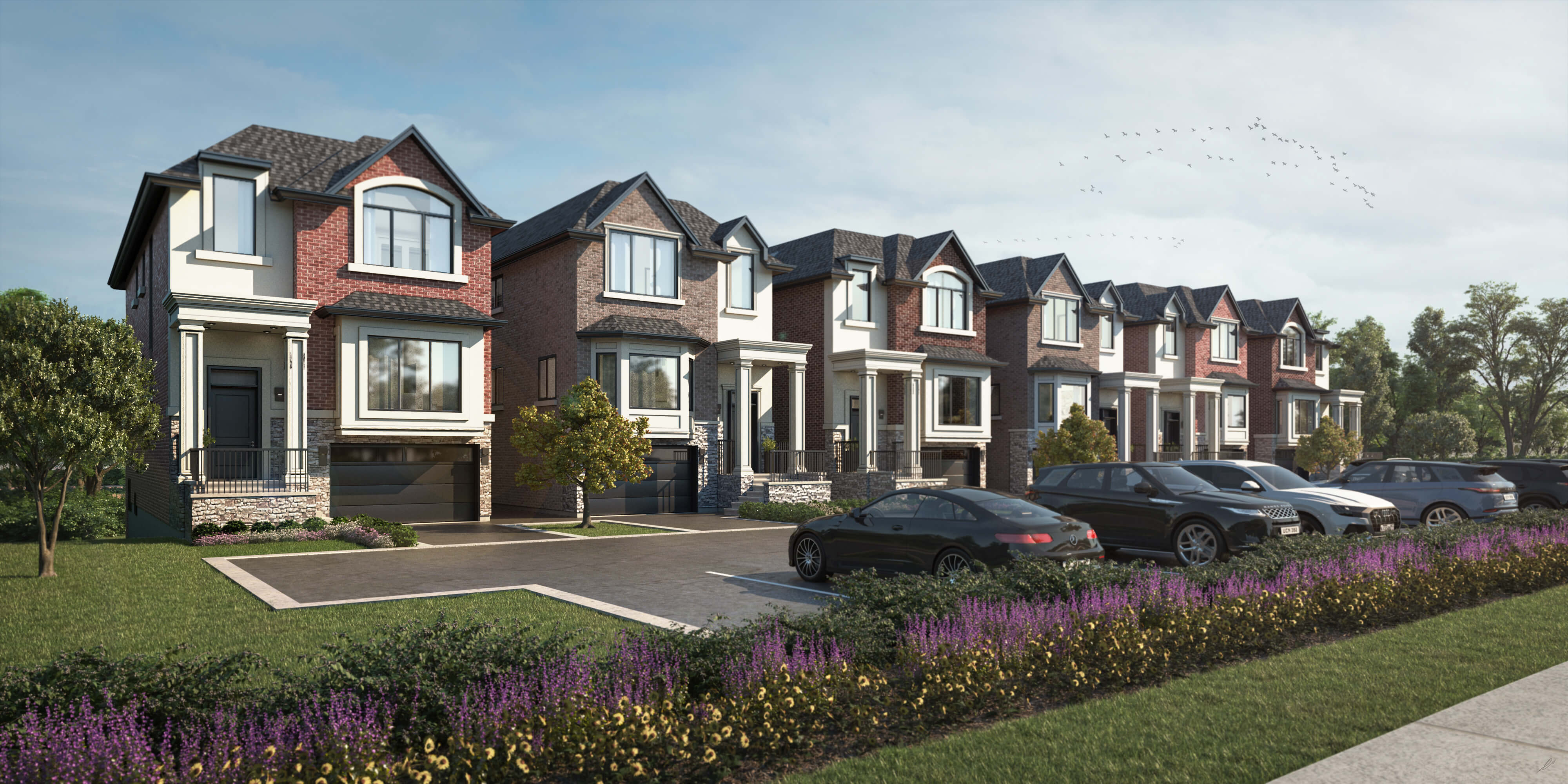 exteriors of luxury homes in a row facing a parking lot of luxury cars
