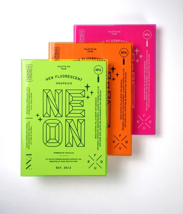 Three neon-colored graphic design palettes in green, orange, and pink stacked on a white surface.