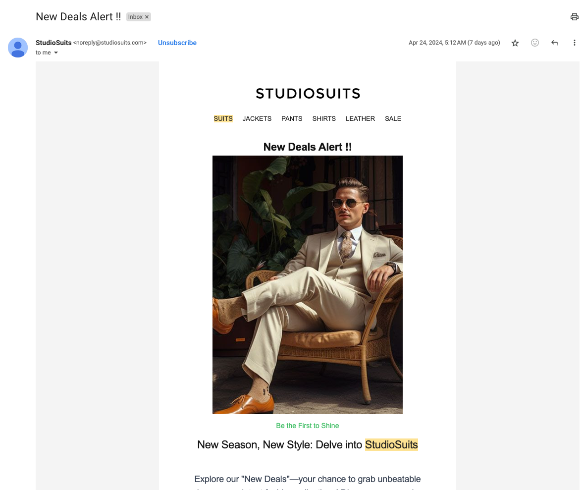 Screenshot of new arrival email from StudioSuits