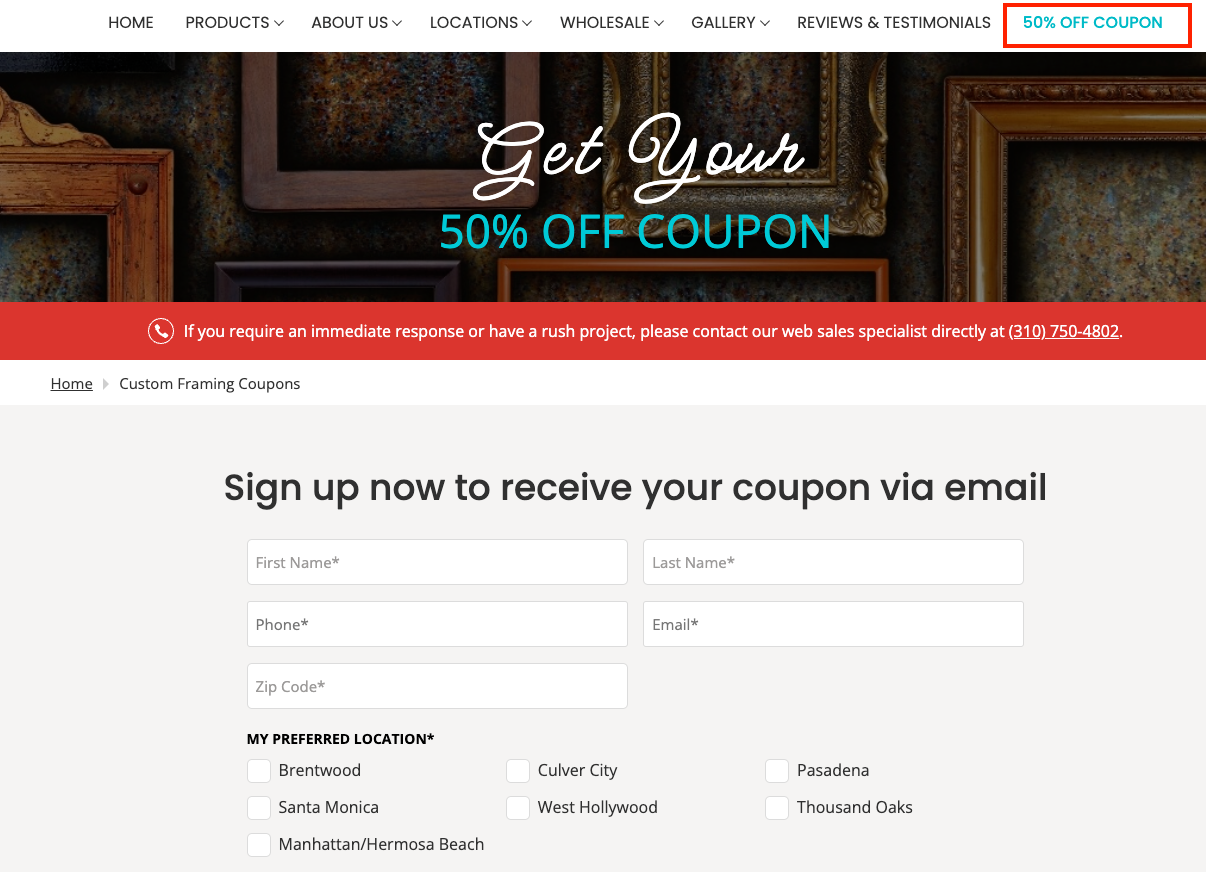 50% off coupon for a custom picture frame