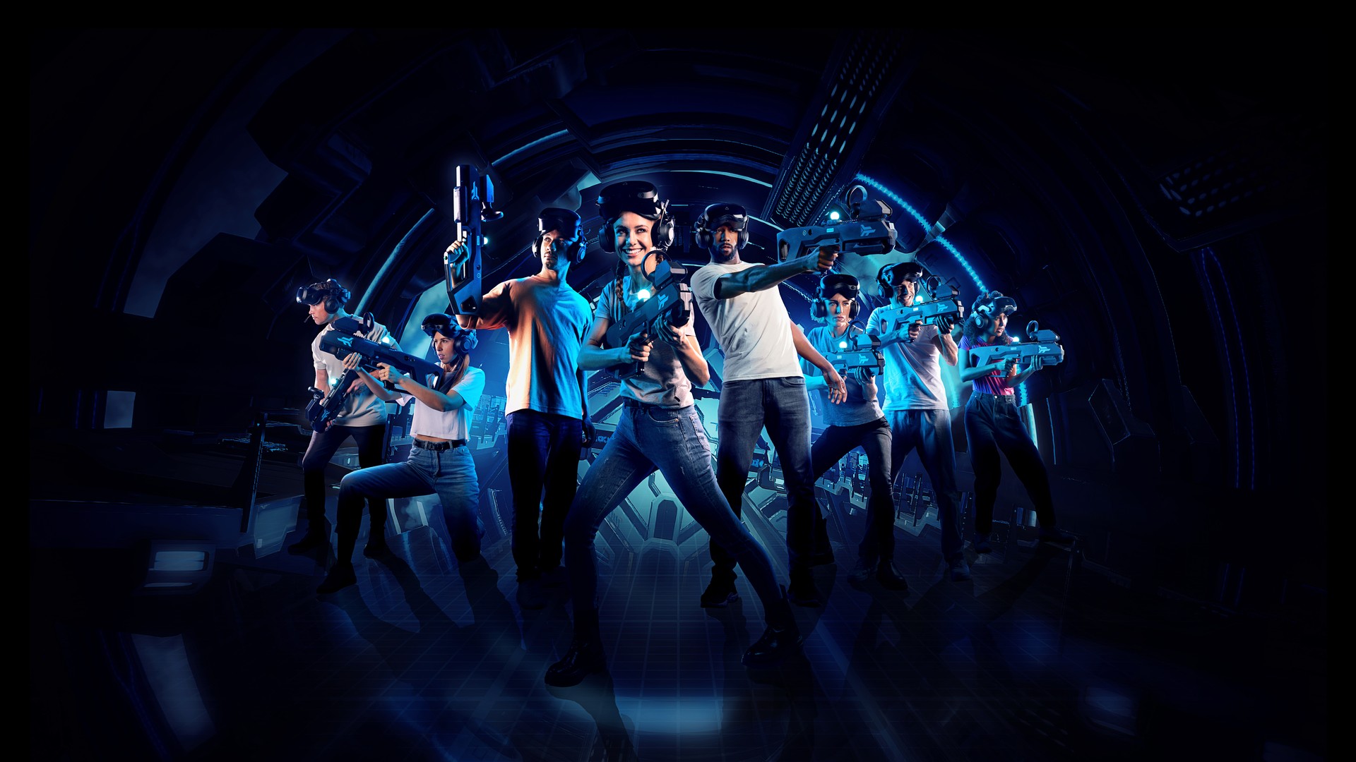 Eight players in VR headsets holding blasters, ready for a Zero Latency game.