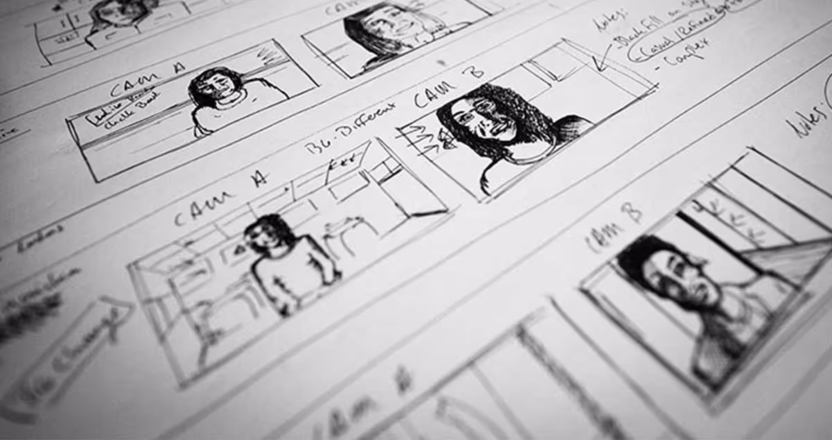 Storyboard illustrations of frames and shots for a video project, captured by Camos Media.