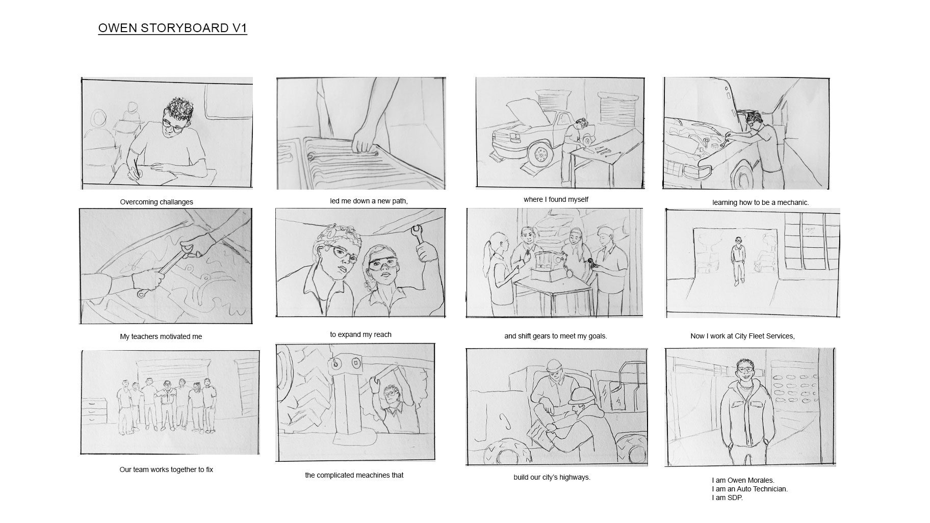 Auto class storyboard sketch for an I AM SDP commercial filmed by Camos Media. 