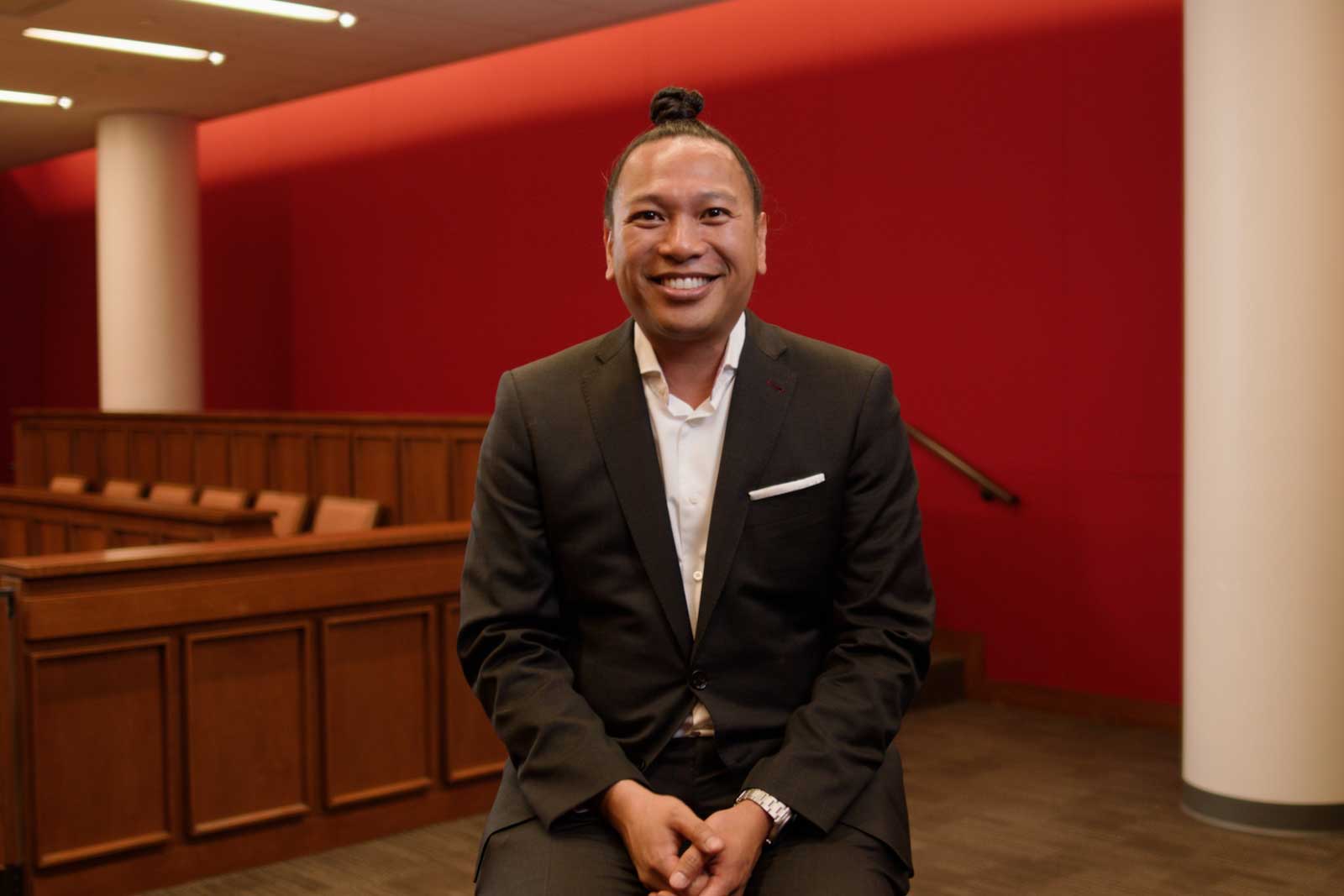 Wide frame of a Penn student during an interview by Camos Media.