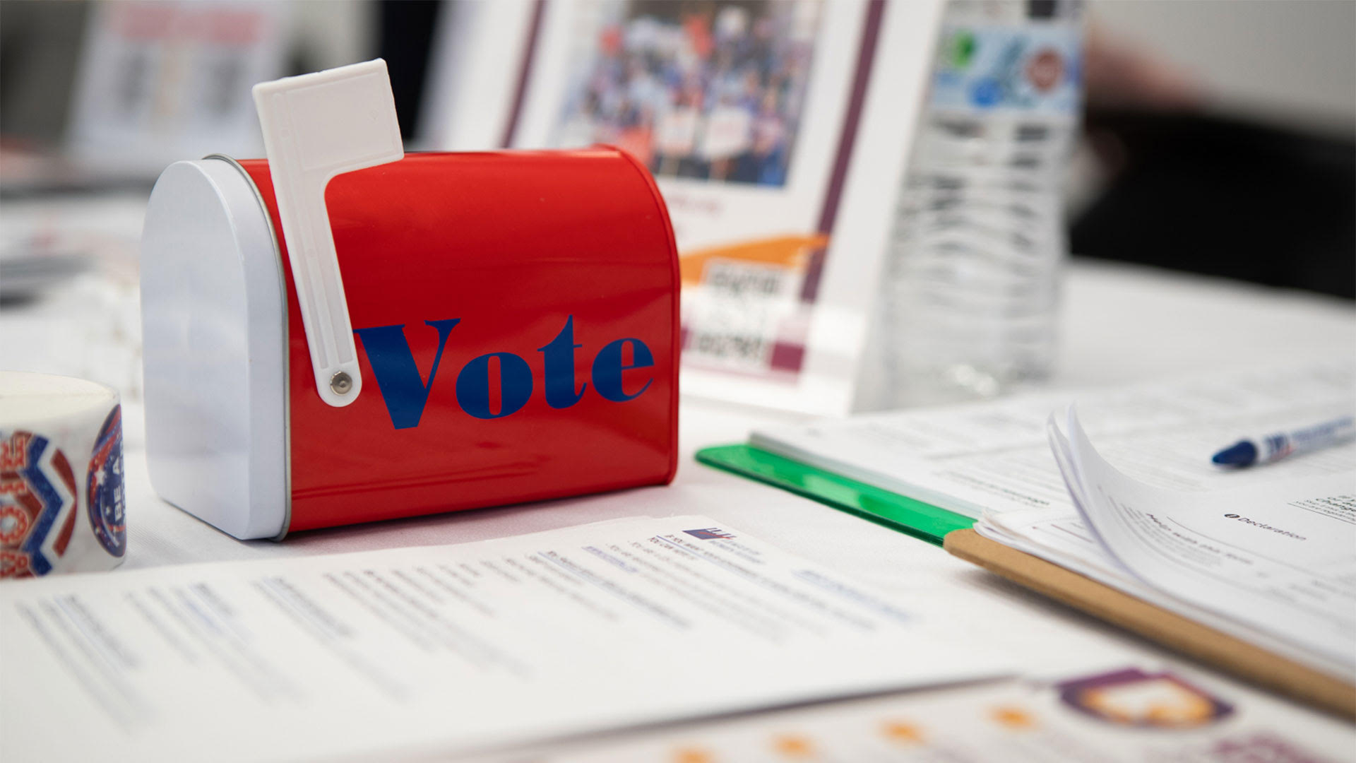 Vote mailbox displayed on a desk during Philly Votes' Between the Ballots event on July 23rd.