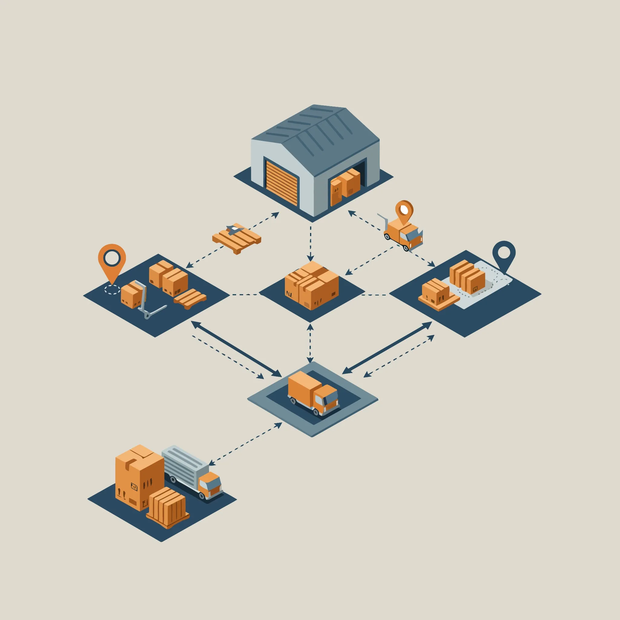 Ilustração dos setores na Supply Chain com armazéns, caminhões e pontos de distribuição conectados por fluxos logísticos.