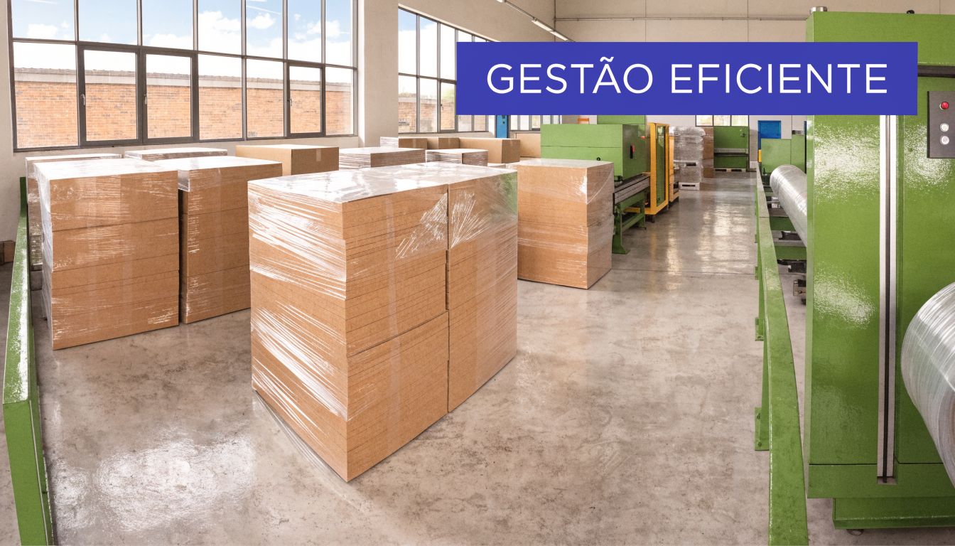 Pilhas de chapas de madeira embaladas em plástico dentro de um ambiente industrial de fábrica de embalagens.
