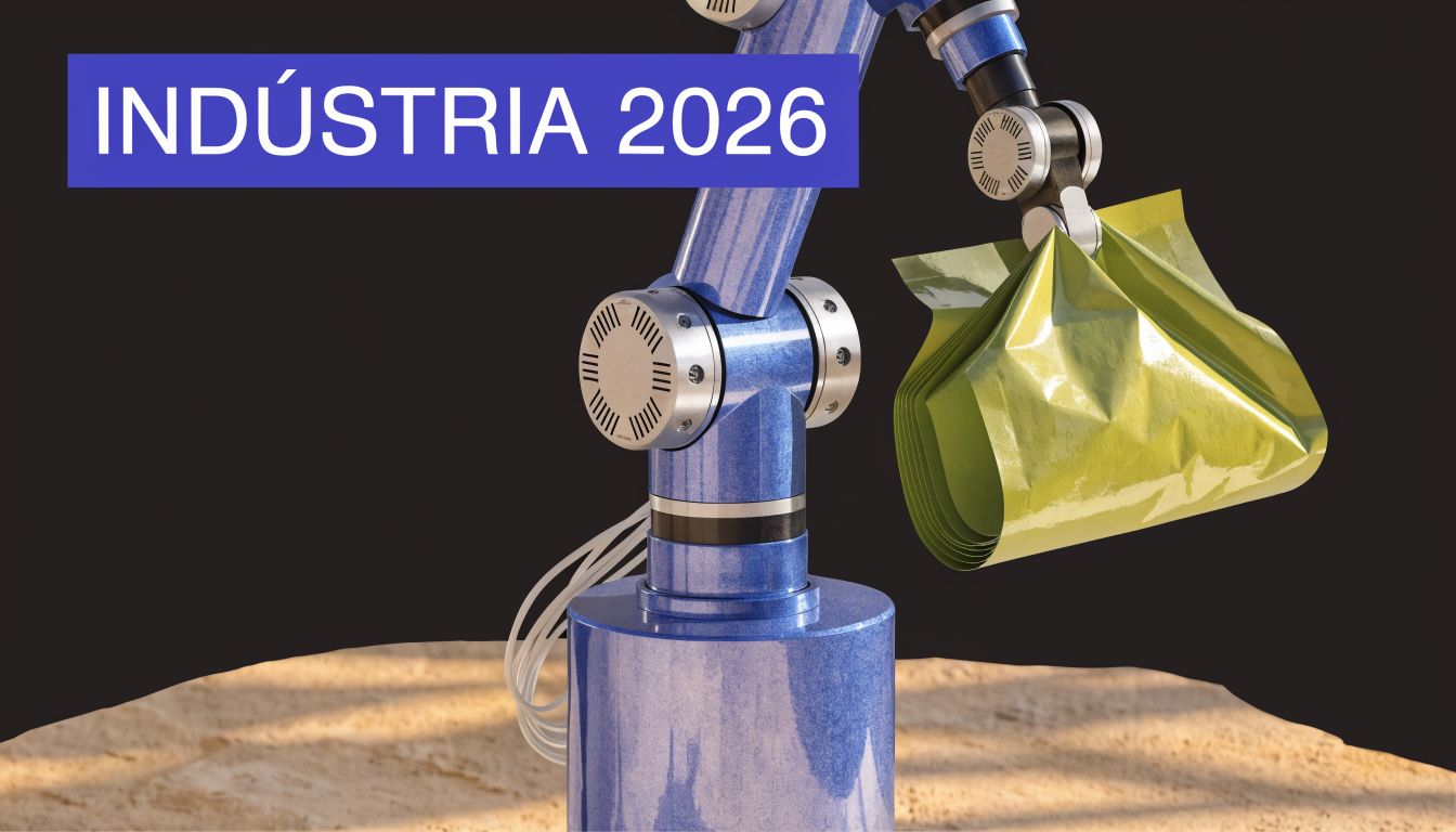 Braço robótico industrial azul segurando uma embalagem plástica amarela com fundo escuro e base de areia.