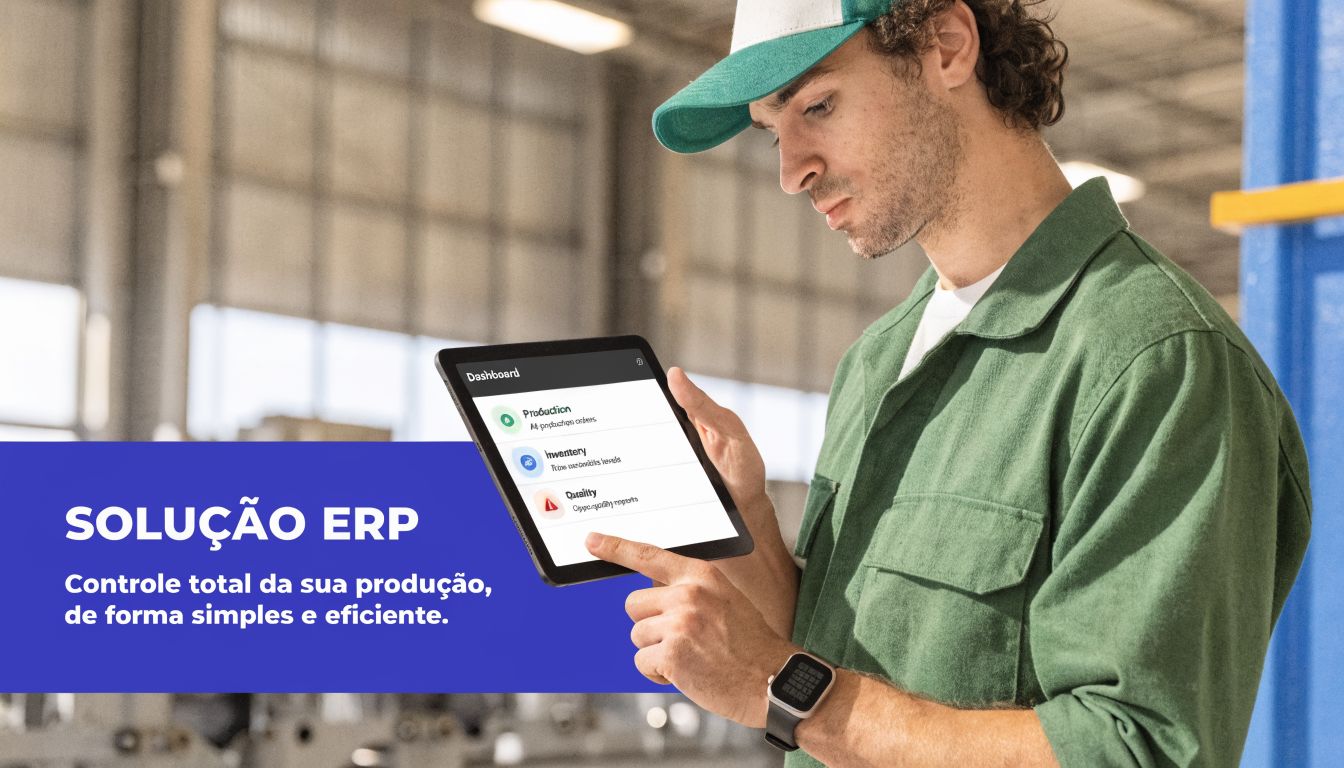 Um funcionário de fábrica usa um tablet para gerenciar dados de produção em um sistema ERP industrial.