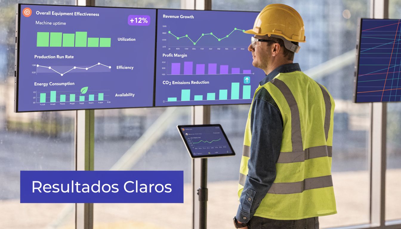 Um engenheiro de segurança com capacete amarelo analisando painéis de controle digitais com dados de produção industrial.