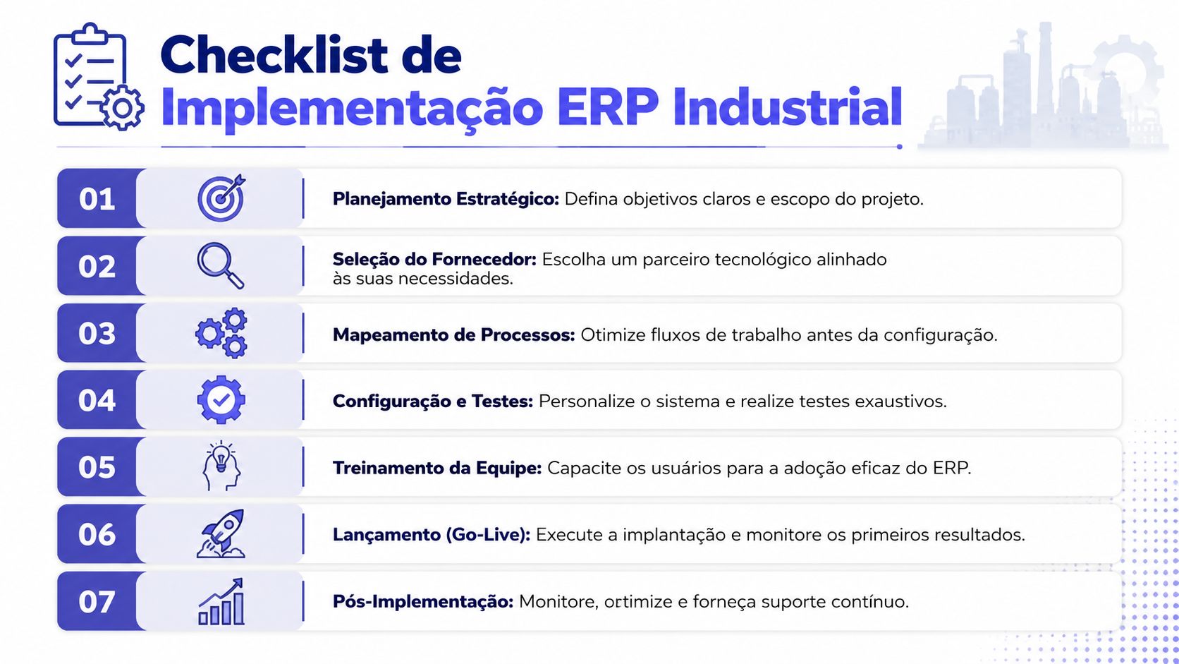 Um checklist passo a passo mostrando sete etapas fundamentais para a implementação bem-sucedida de um sistema ERP industrial.
