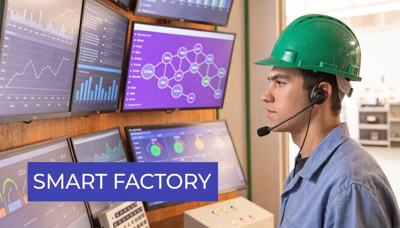 Técnico de fábrica usando capacete e headset observando monitores com dados e gráficos em tempo real.