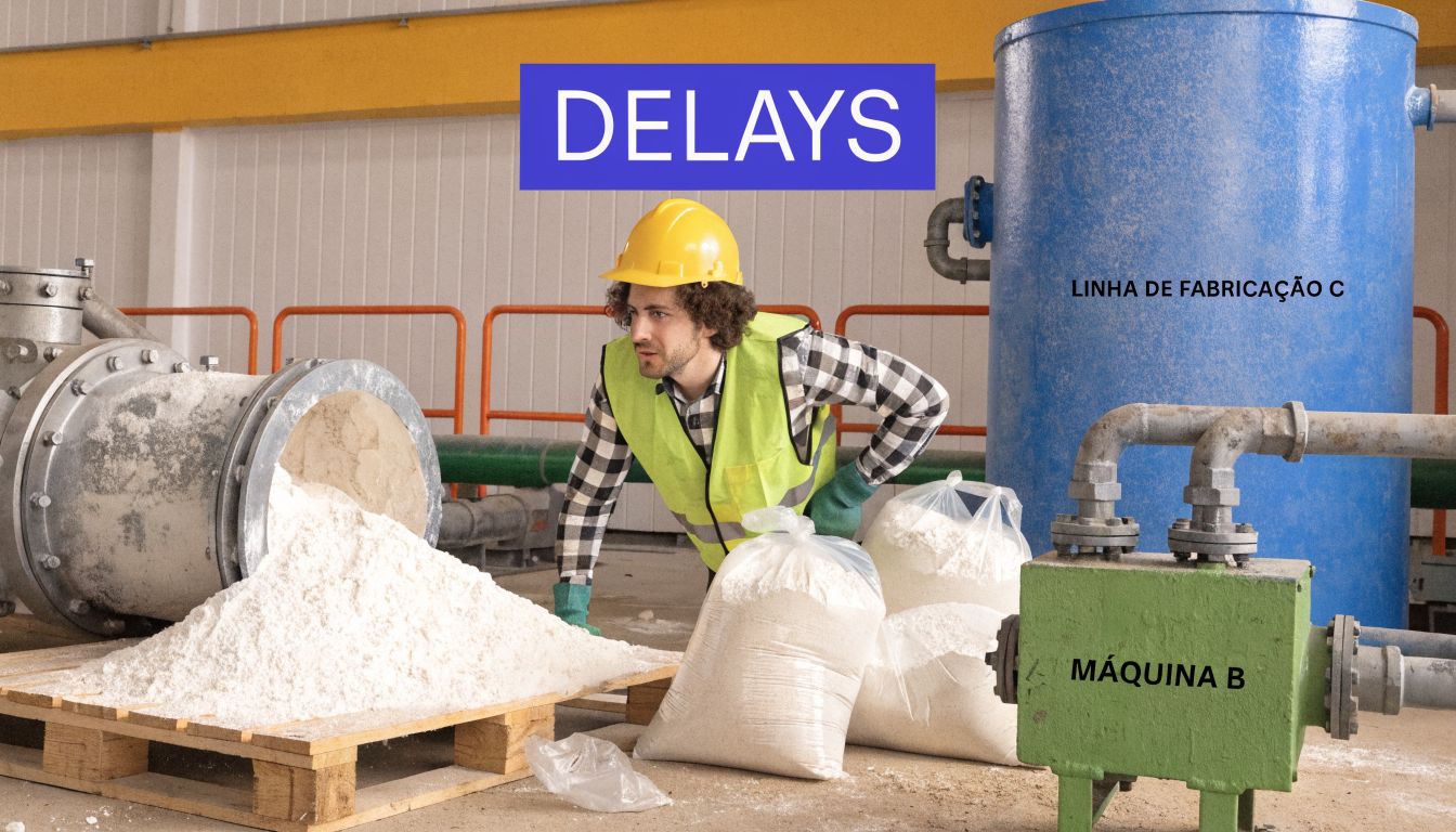 Trabalhador em uma fábrica inspecionando uma pilha de pó branco saindo de um duto industrial.