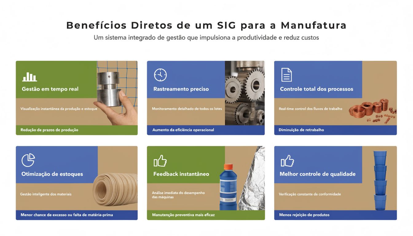 Infográfico detalhando os seis principais benefícios da implementação de um Sistema de Informações Gerenciais para a indústria manufatureira.