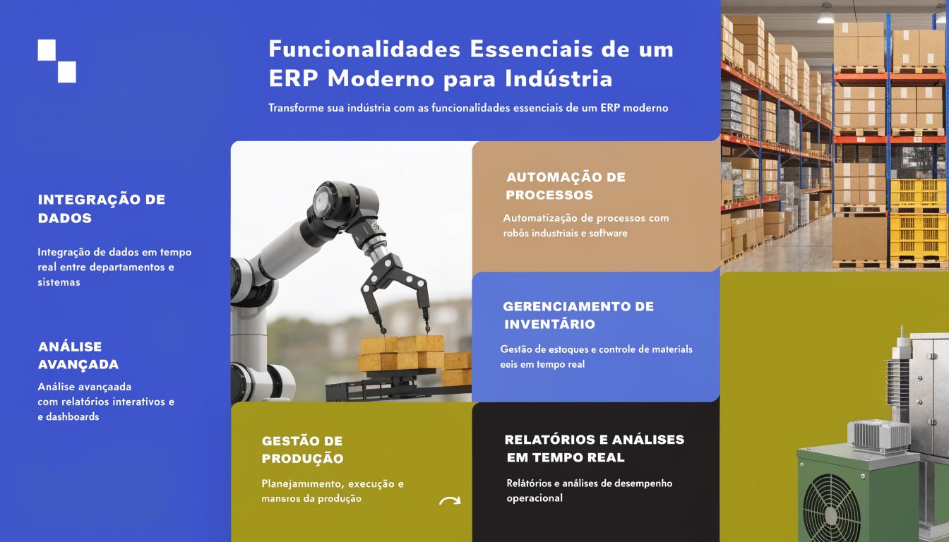 Infográfico ilustrando as funcionalidades essenciais de um sistema ERP moderno para o setor industrial e manufatura.
