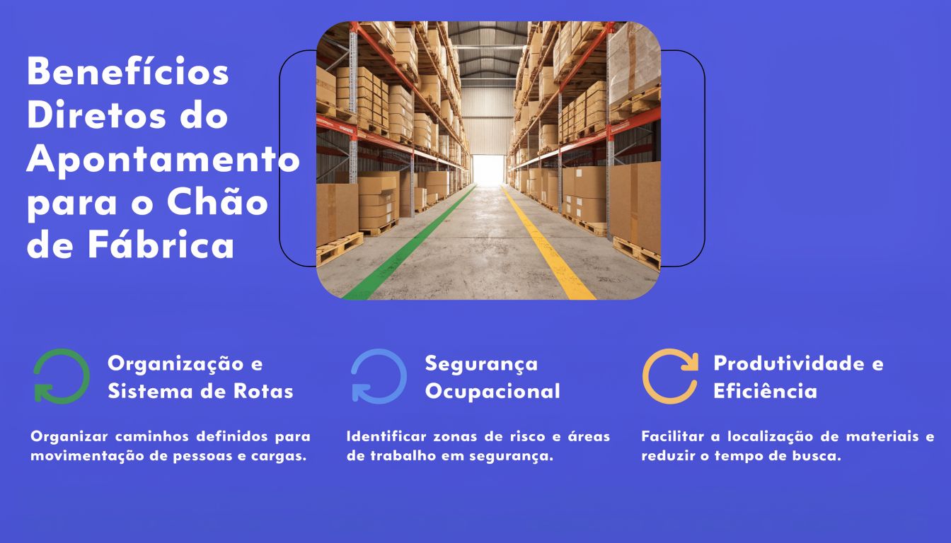 Foto de um armazém industrial com sinalização de solo, destacando benefícios de organização, segurança e eficiência operacional.