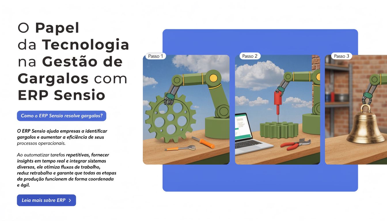 Ilustração mostrando braços robóticos em três passos para otimizar processos industriais e eliminar gargalos com software ERP.