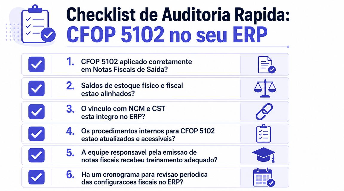 Infográfico de checklist de auditoria rápida para o código fiscal CFOP 5102 no sistema ERP empresarial.