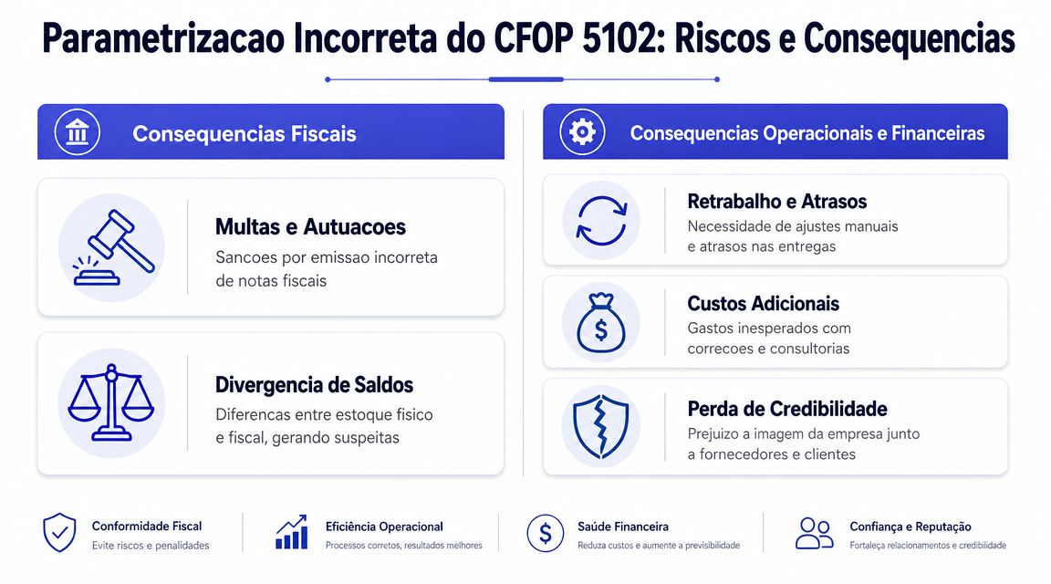Infográfico detalhando os riscos e consequências fiscais, operacionais e financeiras da parametrização incorreta do CFOP 5102.