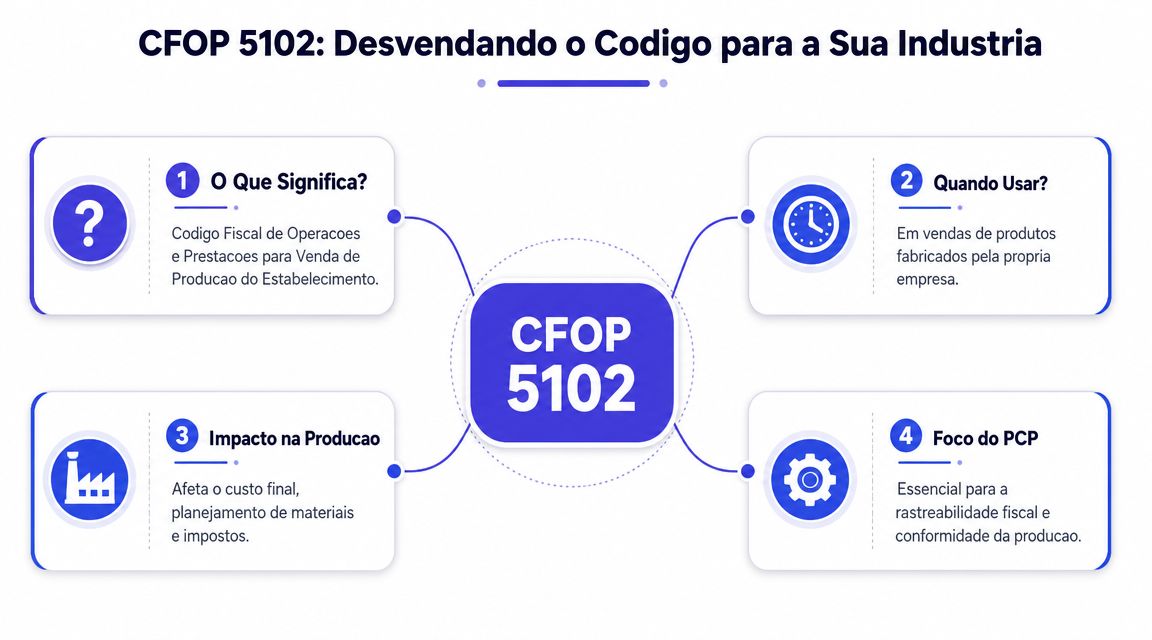 Infográfico explicativo sobre o código fiscal CFOP 5102, detalhando seu significado, aplicação, impacto produtivo e foco industrial.
