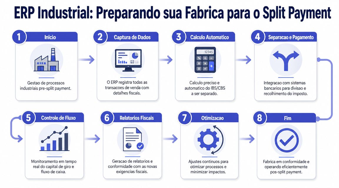 Fluxograma ilustrando as oito etapas do processo de implementação do split payment em sistemas ERP industriais.
