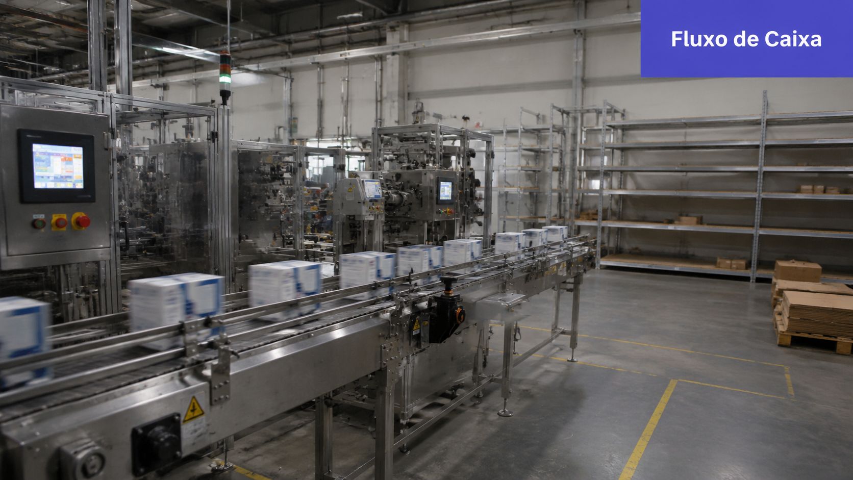 Linha de montagem industrial automatizada processando caixas de produtos em uma fábrica moderna de larga escala.