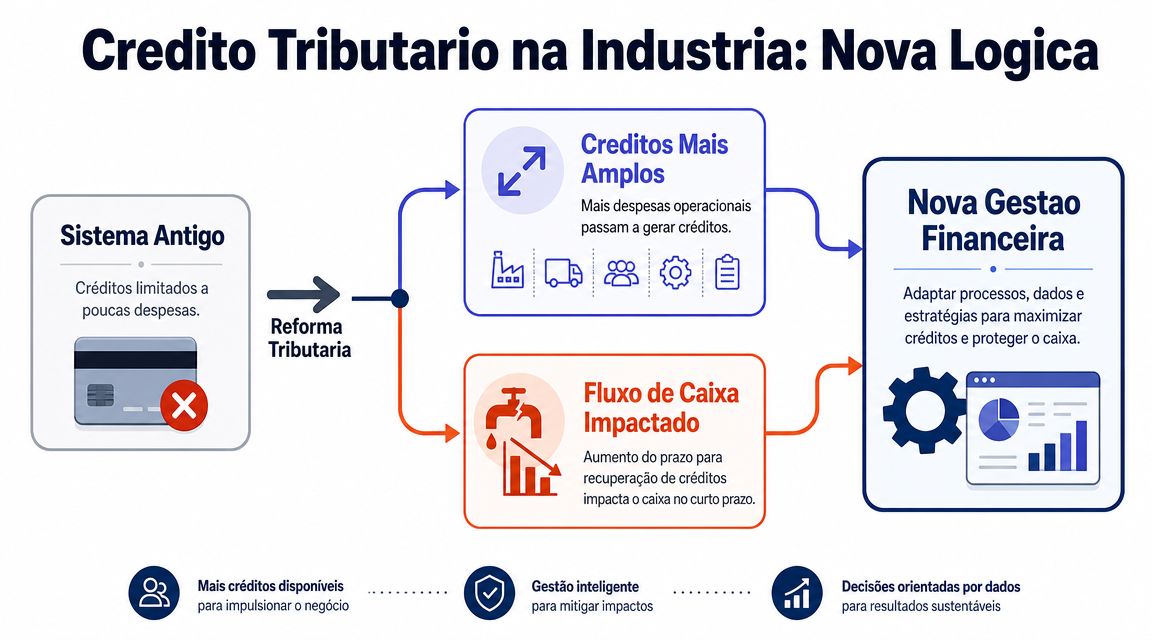 Infográfico ilustrando a transição do sistema antigo para a nova lógica de créditos tributários na indústria brasileira.