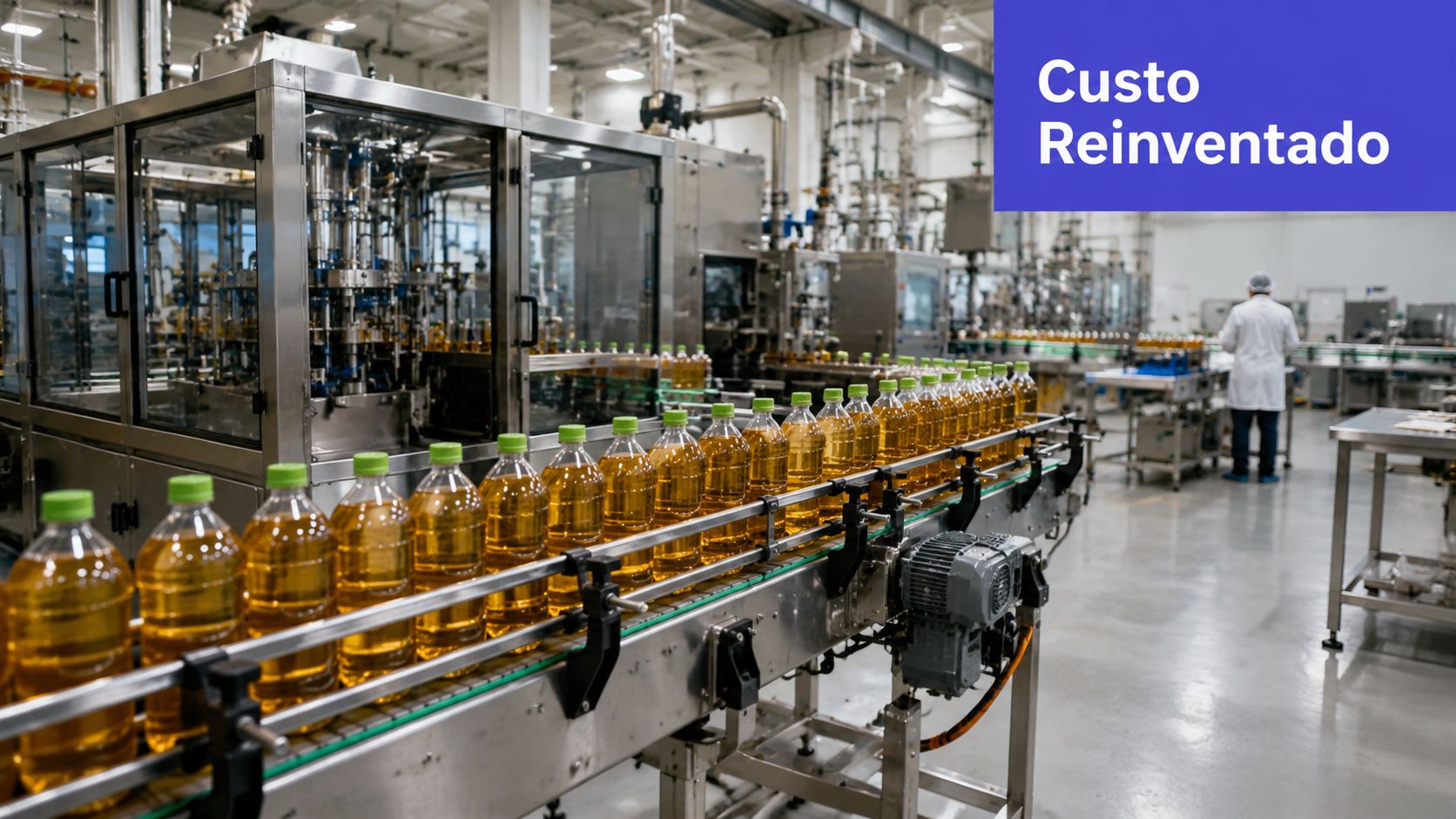 Linha de montagem automatizada em uma fábrica de óleo com garrafas plásticas preenchidas sendo processadas.