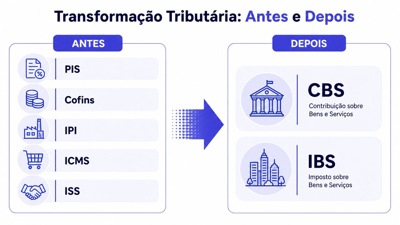 Infográfico comparativo mostrando os impostos brasileiros antes e depois da nova reforma tributária do país.