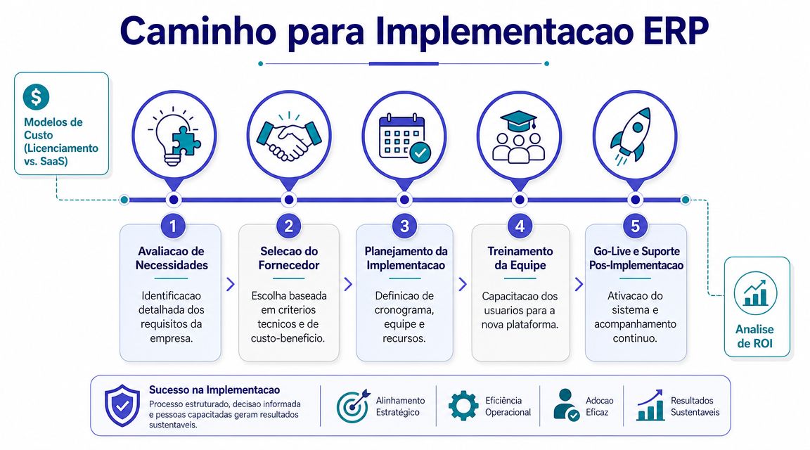 Infográfico ilustrando o caminho para implementação de um sistema ERP, dividido em cinco etapas principais de planejamento.