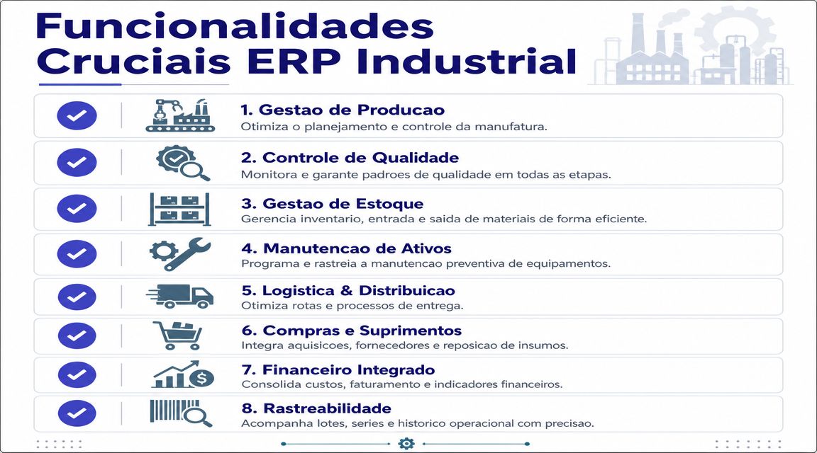 Infográfico detalhando oito funcionalidades cruciais de um sistema ERP para otimização da gestão industrial.