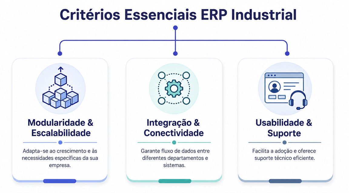 Infográfico com três critérios essenciais para escolher um software ERP industrial: modularidade, integração e usabilidade.