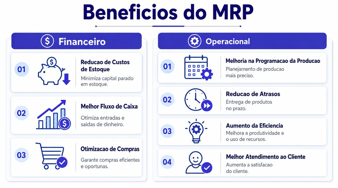 Infográfico apresentando os benefícios financeiros e operacionais de um sistema de planejamento de recursos de manufatura, o MRP.