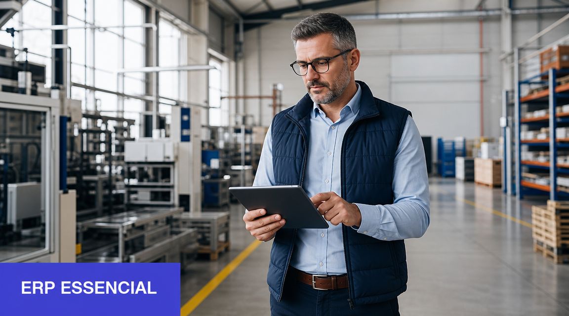 Homem de meia-idade com óculos usando um tablet em um armazém industrial moderno.
