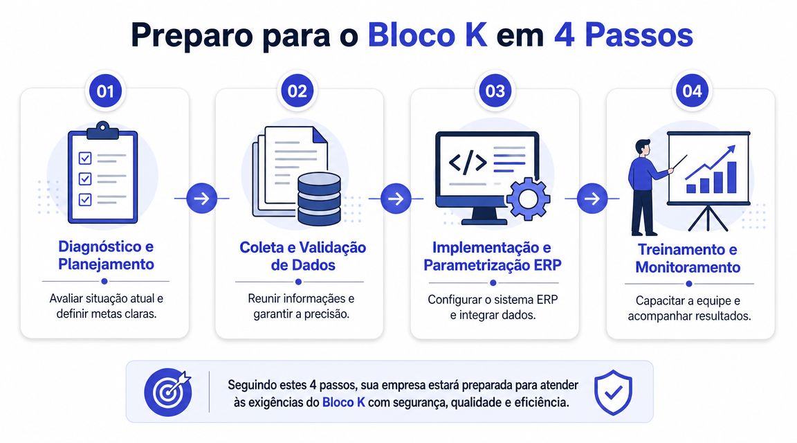 Infográfico detalhando os 4 passos essenciais para a preparação de empresas para o Bloco K fiscal.