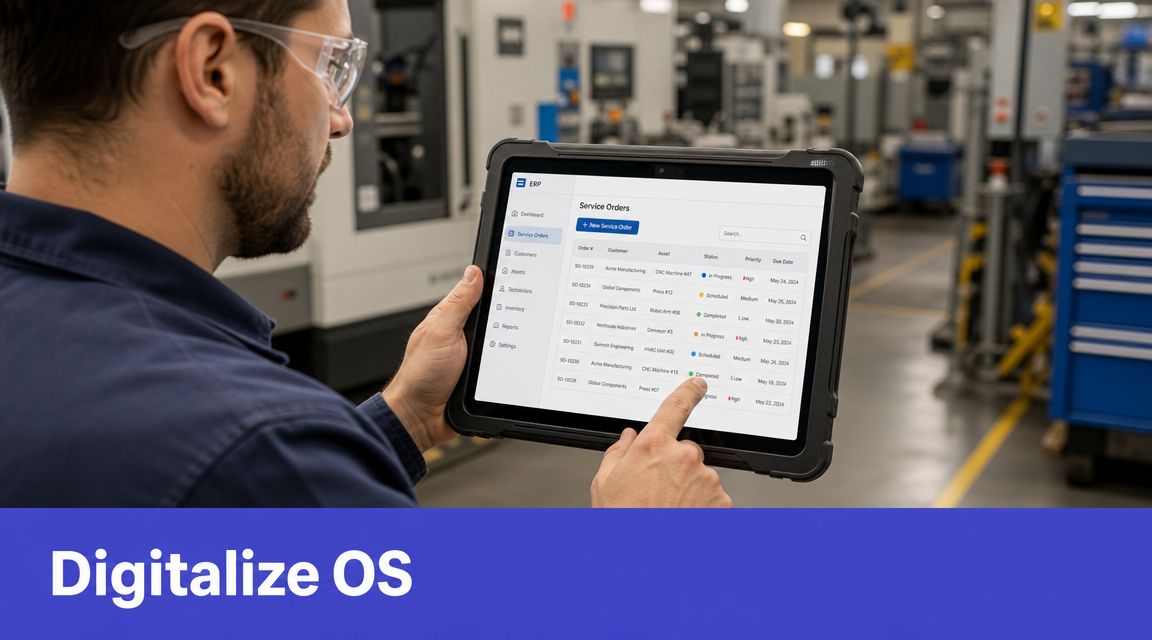 Um funcionário utilizando um tablet robusto para gerenciar ordens de serviço em um ambiente de fábrica industrial.