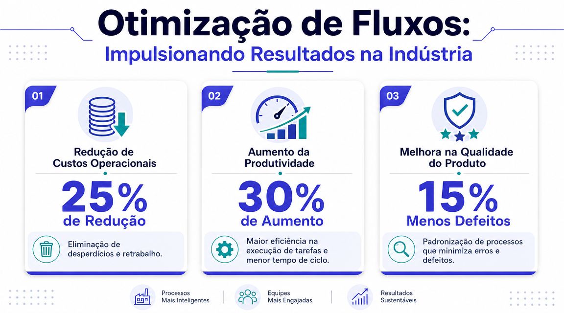 Infográfico sobre otimização de fluxos industriais destacando reduções de custos, aumento de produtividade e melhoria na qualidade.