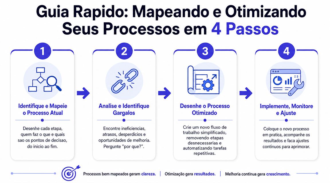 Infográfico com quatro passos para mapear e otimizar processos de negócios para aumentar eficiência e produtividade.