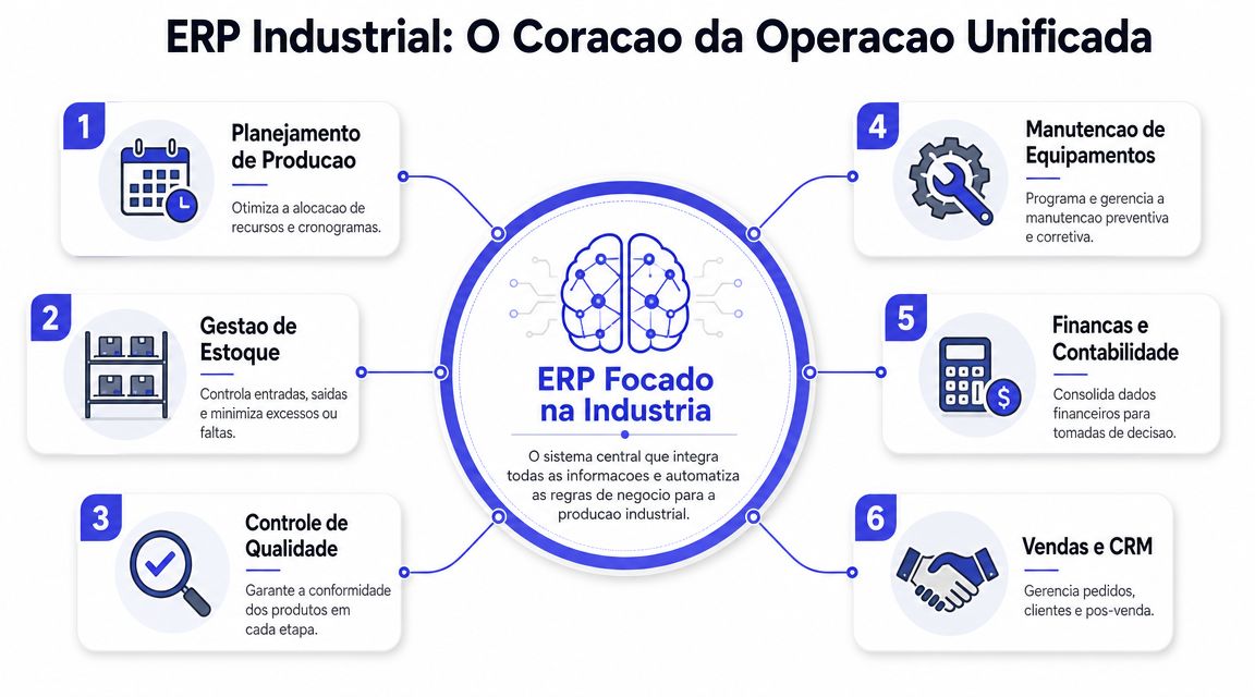 Infográfico sobre as funções principais de um sistema ERP focado na gestão da operação industrial.