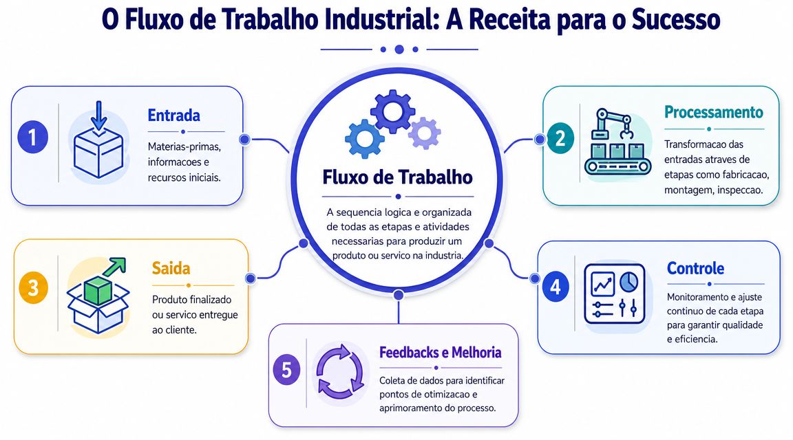 Fluxograma ilustrando as cinco etapas do fluxo de trabalho industrial, desde a entrada até a melhoria contínua.