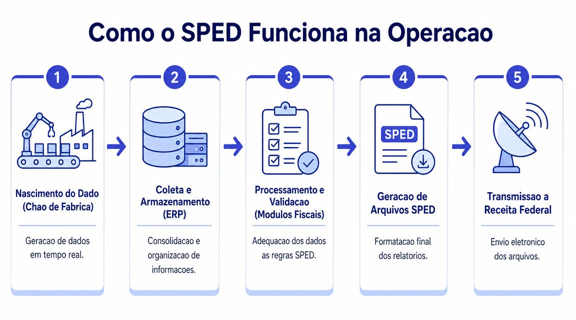 Fluxograma didático mostrando as cinco etapas do funcionamento do SPED, desde a geração de dados até a Receita Federal.