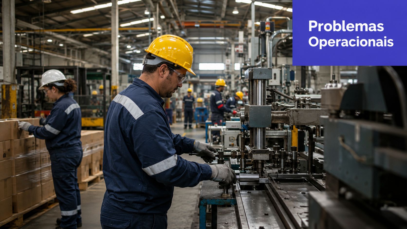 Trabalhador em uma fábrica usando capacete e uniforme operando uma máquina industrial com caixas ao lado.