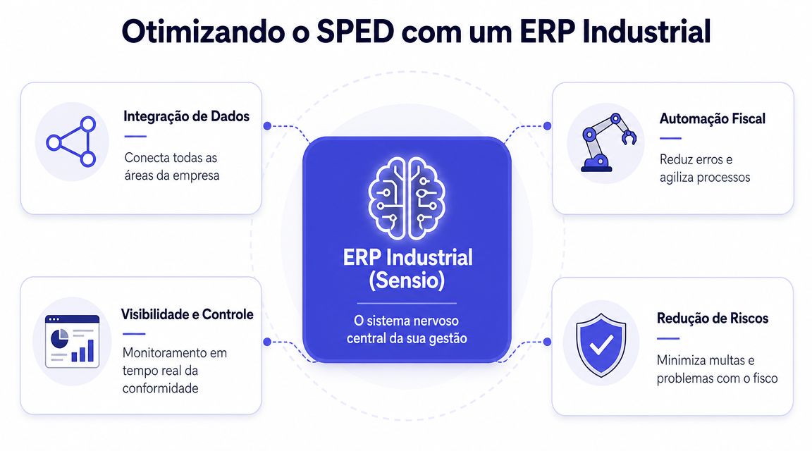 Infográfico ilustrando os benefícios do ERP Industrial Sensio para a otimização e conformidade do SPED nas empresas.