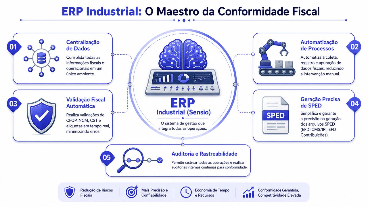 Infográfico ilustrando os benefícios de um ERP industrial na gestão e conformidade fiscal de processos produtivos.