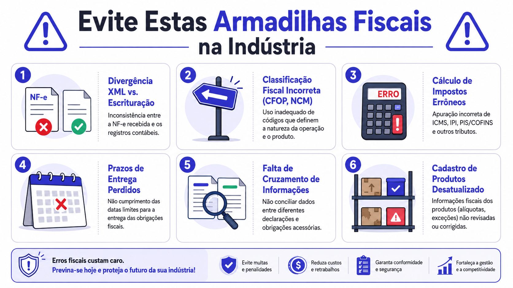 Infográfico ilustrando seis armadilhas fiscais comuns que a indústria deve evitar para garantir a conformidade.