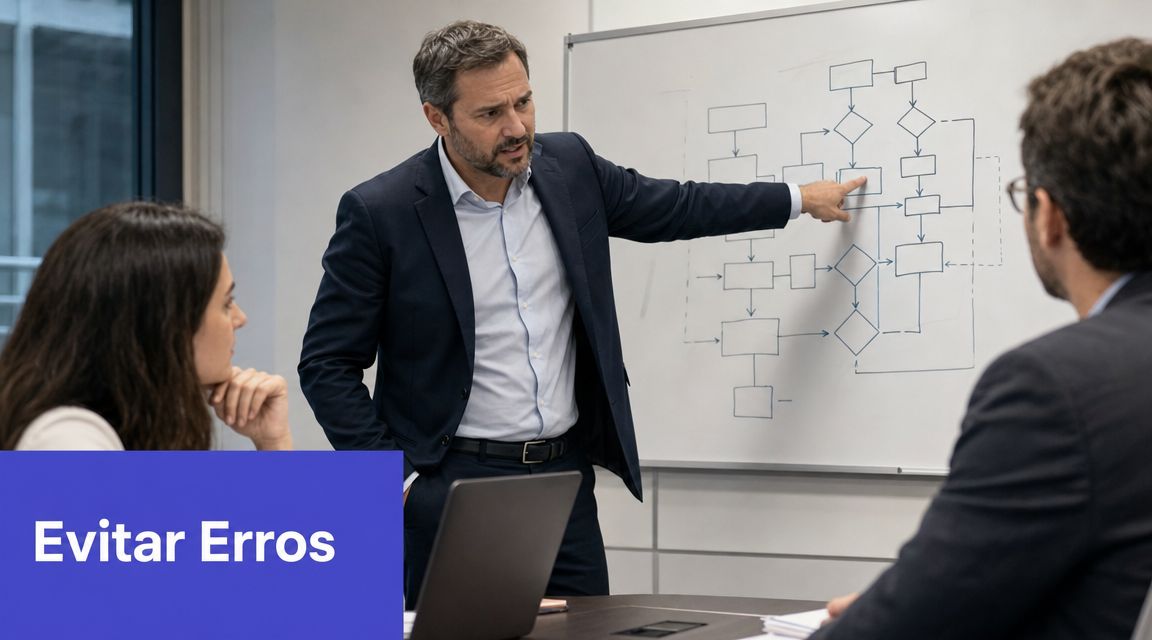 Homem de terno apresentando um fluxograma em um quadro branco para colegas em uma reunião de escritório.